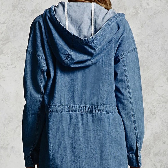 SOLD Forever 21 Denim Hoodie Jacket Oversized Parka Blue Pit to Pit 21” Size XS - Picture 2 of 16